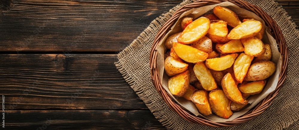 Poster delicious golden fried potato wedges in a woven basket on a rustic wooden table with burlap texture 