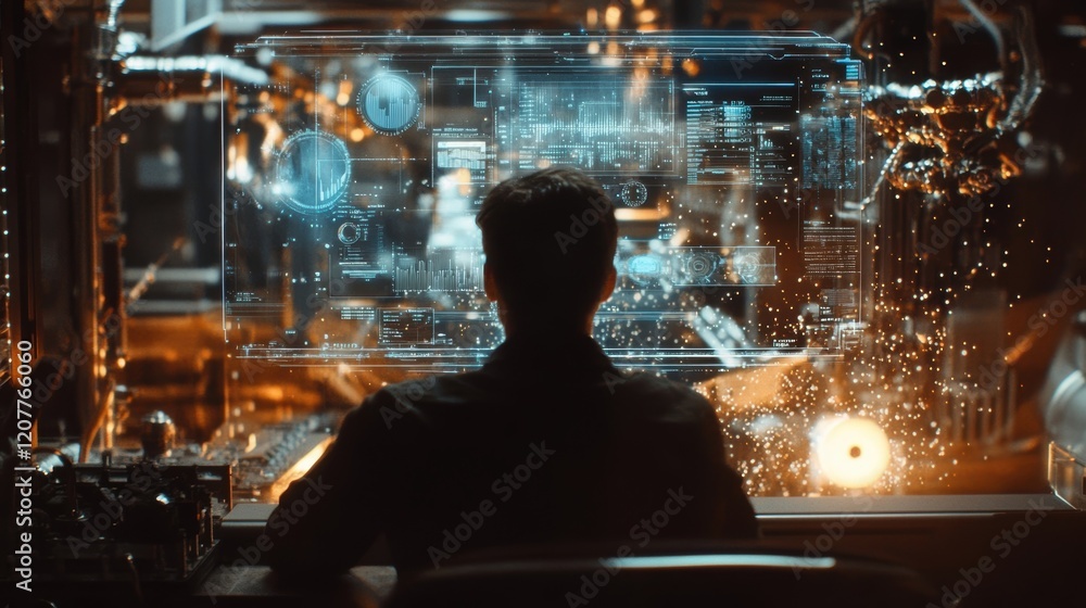 Poster industrial engineer is using a futuristic transparent display to monitor and control automated produ