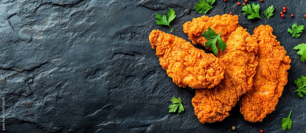 Poster crispy golden fried chicken steak arranged on a dark textured slate background with vibrant green pa
