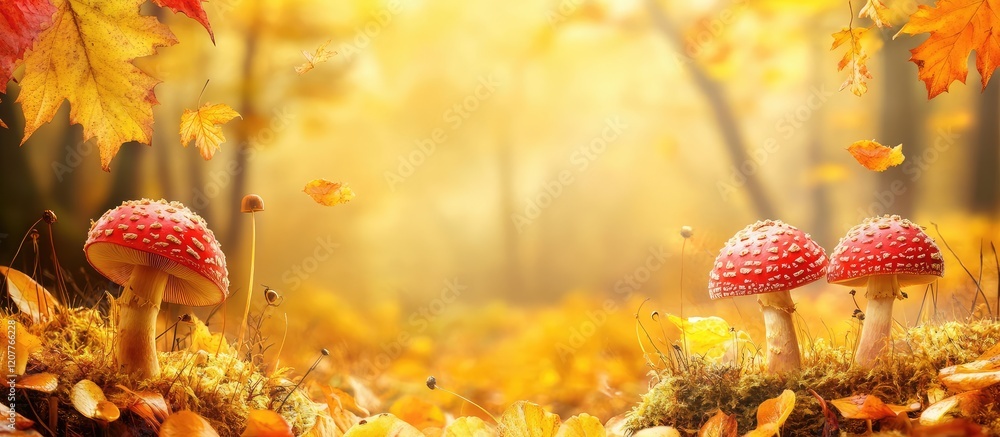 Poster vibrant red mushrooms emerging from golden yellow leaves in enchanting autumn forest with soft backg