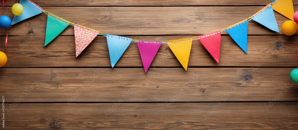 Poster colorful festive garland of small triangular flags in vibrant blues greens yellows and reds on rusti