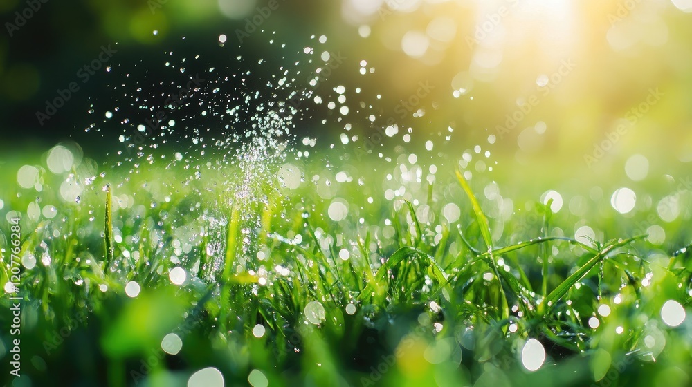 Poster modern irrigation system creating droplets of water on lush green grass in a sunny agricultural fiel
