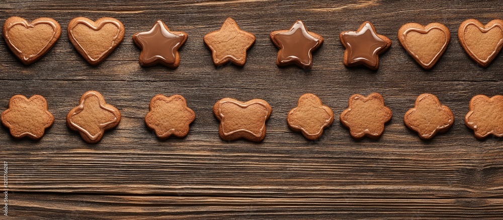 Poster gingerbread cookies in various shapes including hearts and stars arranged on a rustic wooden surface
