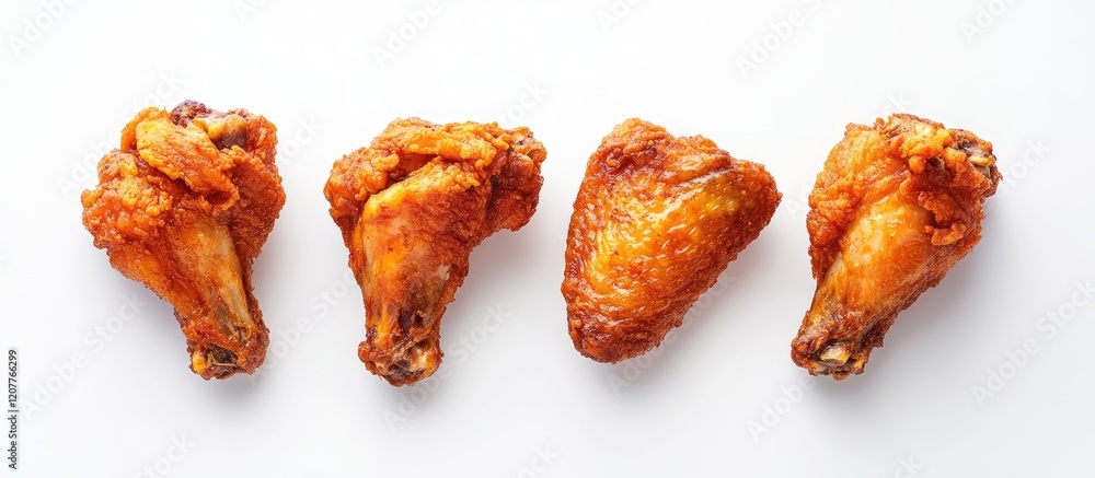 Poster crispy golden fried chicken wings arranged on pristine white background with ample empty space for t