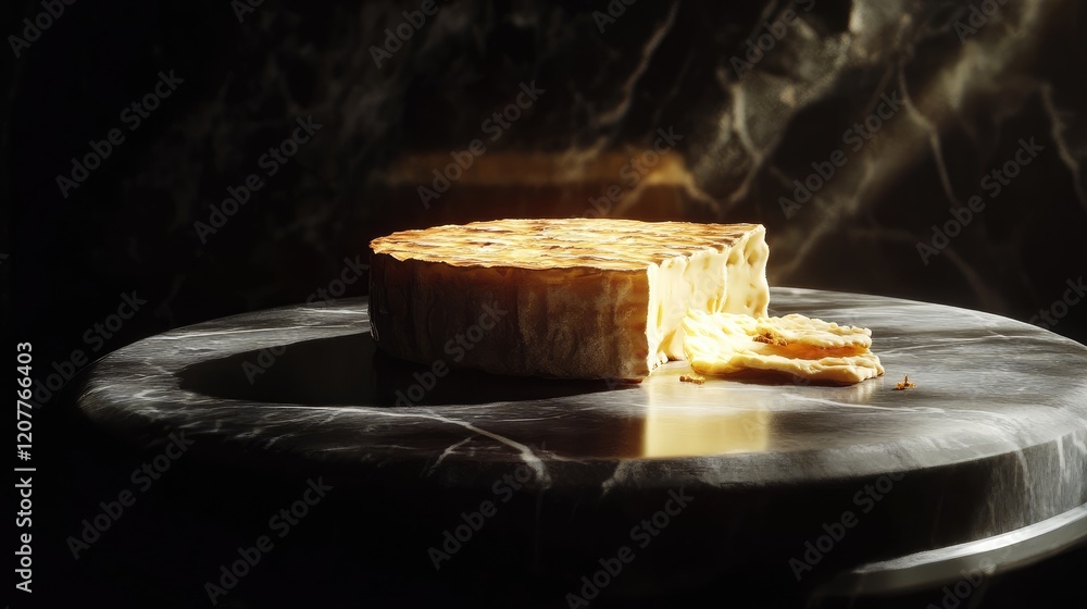Poster harbison cheese displayed with a cracker on a marble surface illuminated by warm ambient light