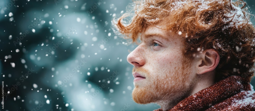 Poster ginger haired man gazing thoughtfully in a serene snowy winter landscape with soft falling snowflake