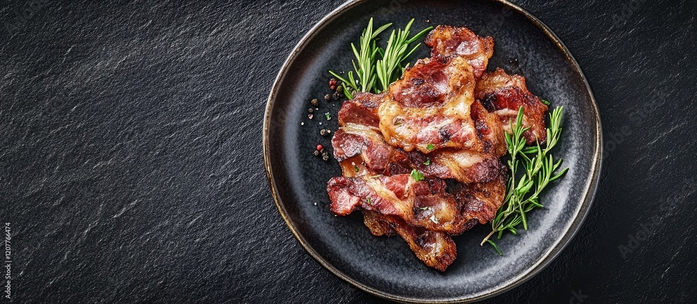 Poster crispy fried bacon strips on a black plate garnished with fresh herbs on a dark textured background 