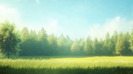 Obraz premium Panoramic Summer Forest Scene with Soft Focus Bokeh Effect Under Bright Blue Sky and Lush Green Meadow with Gentle Clouds