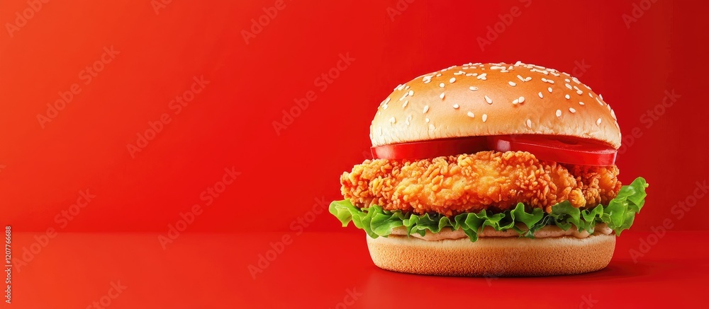 Poster crispy fried chicken sandwich with vibrant red tomatoes and fresh lettuce against a bold red backgro