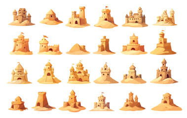 Cartoon sandcastles set. Sand towers castles fort, beach children play summer sculpture, sea vacation vector illustration
