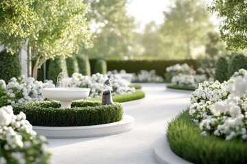 Fototapeta premium A vibrant 3D-rendered yard with a garden gnome, colorful flower beds, and a fountain surrounded by neatly trimmed hedges