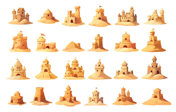 Cartoon sandcastles set. Sand towers castles fort, beach children play summer sculpture, sea vacation vector illustration