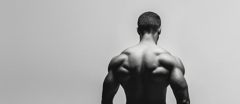 Muscular man showing defined six pack abs and strong back viewed from behind against a soft grey studio backdrop for men's fitness health concepts