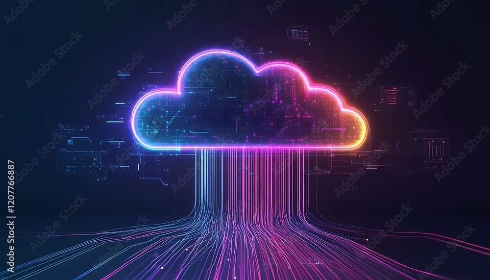 Poster abstract cloud computing concept with glowing lines and data flowing through a cloud and digital dat