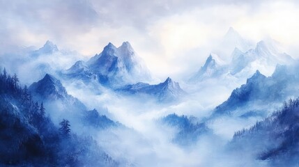 Blue mountain landscape with dense fog and soft clouds, featuring silhouettes of evergreen trees in the foreground, atmospheric perspective.