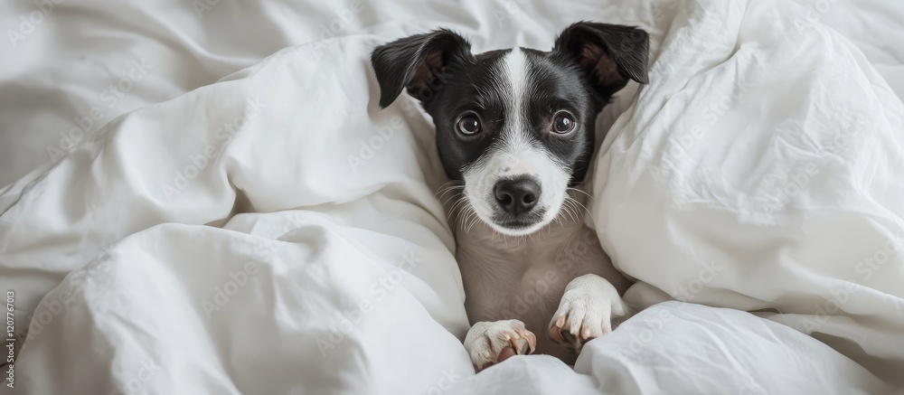 Poster joyful black and white puppy in cozy white bedding with soft textures and empty copy space for text 