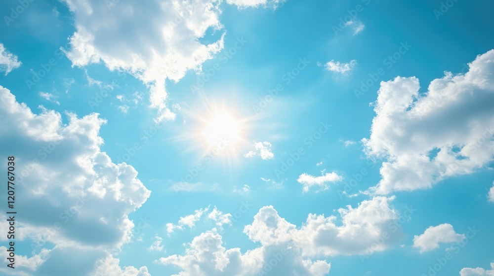 Poster bright sunny day with light blue sky and fluffy white clouds creating a serene and joyful atmosphere