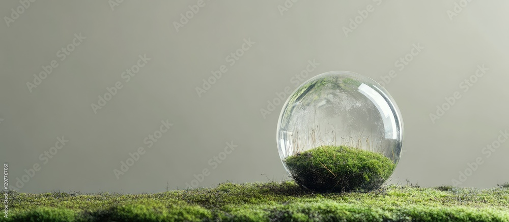 Poster transparent glass globe resting on lush moss green surface with soft gradient background, ideal for 