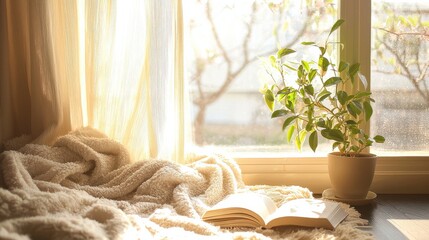 Cozy reading corner with indoor plant sunlit window lifestyle inspiration warm atmosphere serene view home comfort