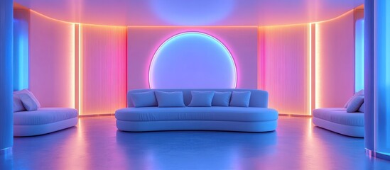 Futuristic Minimalist Living Room with Soft Blue and Pink Lighting, Empty Space for Text and Sleek Sofa Against Neon Accents