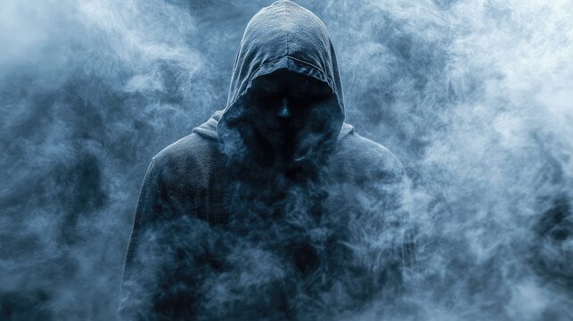 Mysterious hooded figure cloaked in dark gray fog standing in an eerie atmosphere with shadows and subtle blue tones.
