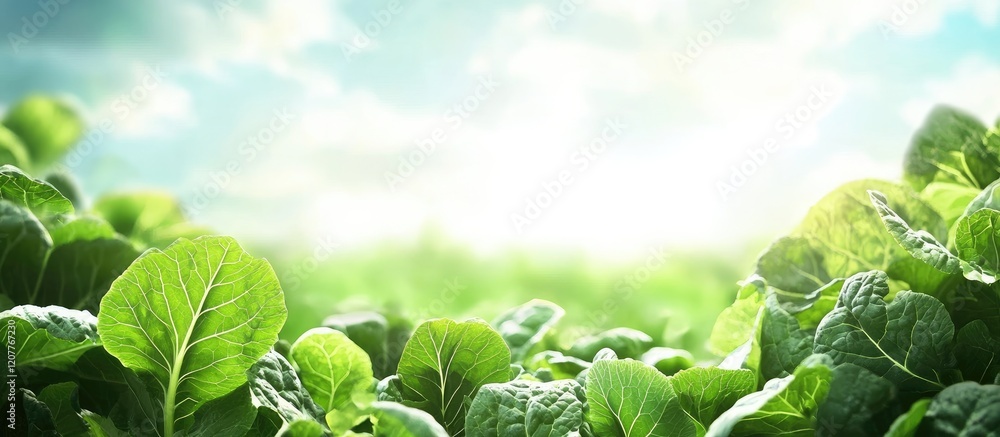 Poster lush green cabbages flourishing in a vibrant sunlit field with soft clouds and ample negative space 