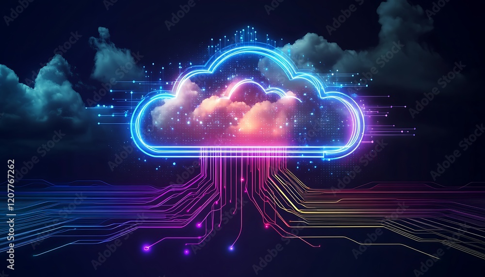 Poster abstract cloud computing concept with glowing lines and data flowing through a cloud and digital dat