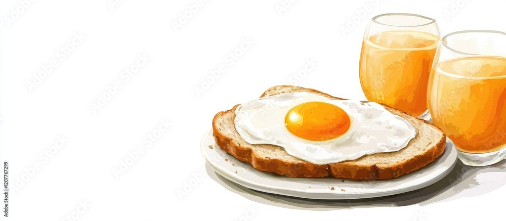 Poster breakfast scene featuring fried eggs on toast with a sunny side up egg, accompanied by two glasses o