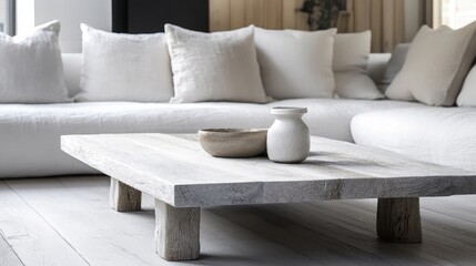 Light Grey Wooden Coffee Table with White Sofa Cushions in Minimalist Living Room Setting Featuring Natural Textures and Soft Lighting