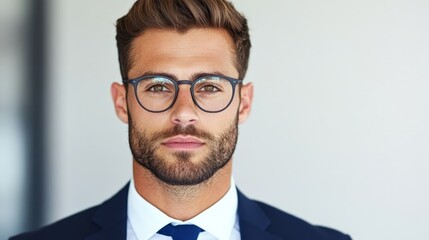 Confident Professional:  A handsome young man with a beard and glasses stares confidently into the camera, exuding professionalism and determination in a crisp suit.  