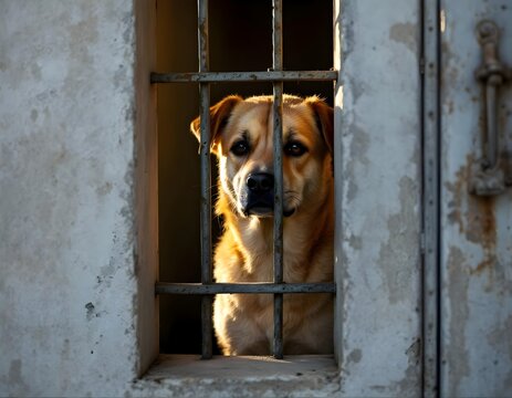 Sad Dog Behind Bars in Shelter, Seeking a Home