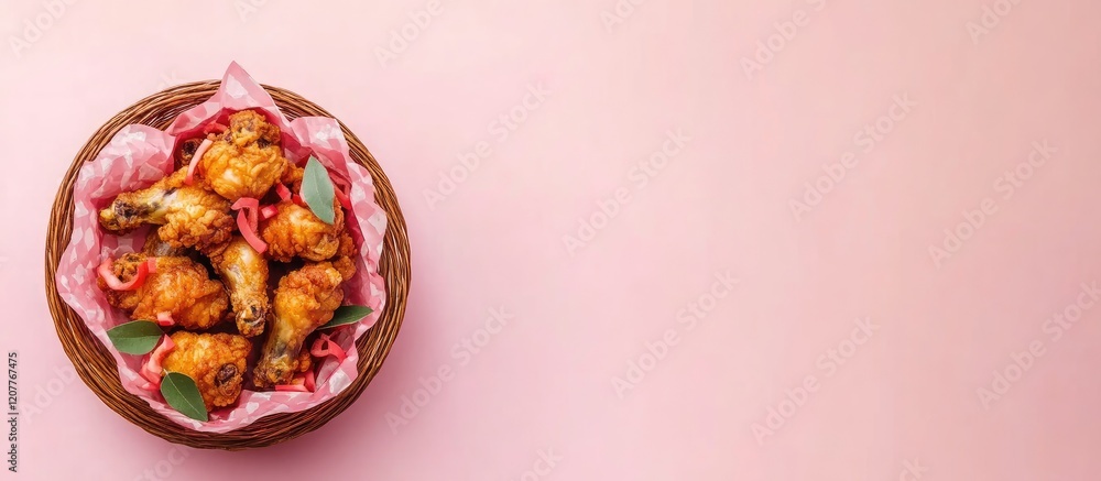Poster crispy golden fried chicken in a rustic basket with pink liner on a soft pink background empty space