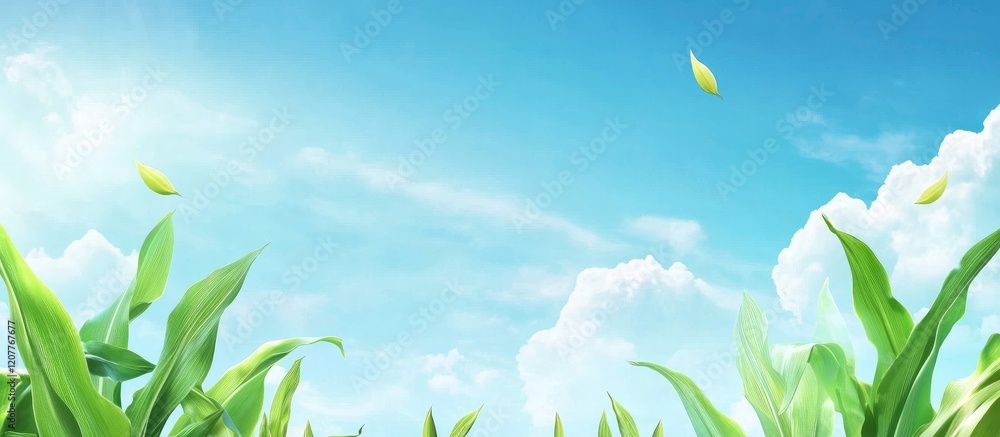Poster vibrant green corn on cob surrounded by lush cornfield under bright blue sky with soft white clouds 