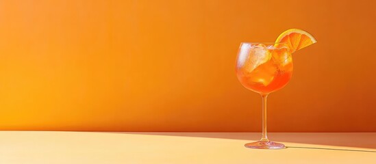 Aperol Spritz Cocktail in Clear Glass with Orange Slice Garnish on Vibrant Orange Background and Empty Copy Space for Text on Wooden Table