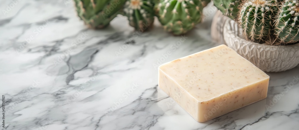 Poster handmade soap bar on marble surface with cactus background ideal for package branding featuring empt
