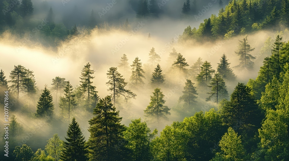 Poster enigmatic misty forest landscape at dawn featuring lush green trees with soft fog creating a serene 