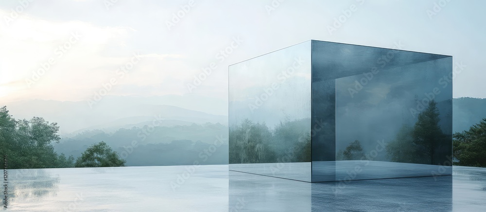 Poster glass cube architectural structure in misty landscape with detailed textures, serene ambiance, and e