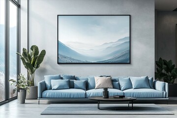 Fototapeta premium Living room sofa wall poster mockup. Interior mockup with house background