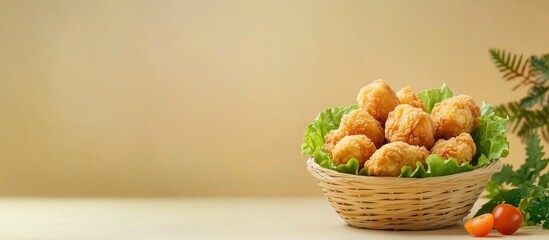 Crispy golden fried chicken served in a woven basket with fresh greens on a soft beige background, ideal for food advertisements and menus.