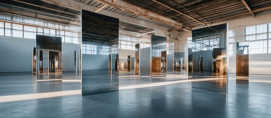 Stylish warehouse interior with reflective stacked mirrors illuminated by natural light in a spacious empty environment with copy space