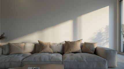 Spacious modern living room with beige sofa adorned with cushions against a soft white wall, showcasing natural light and minimalistic decor.