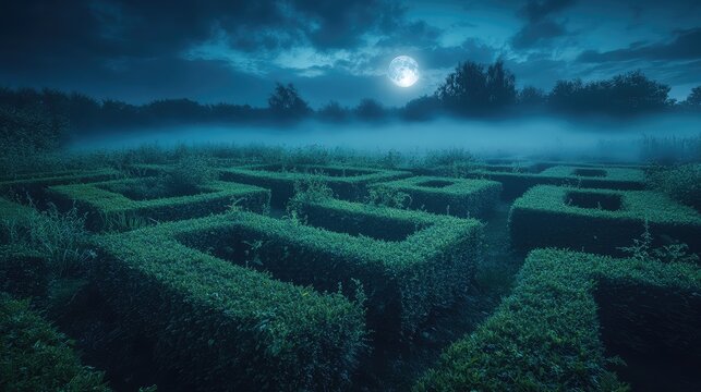 Fog-covered hedge maze in a mystical garden under an ethereal blue moonlit sky, showcasing lush green hedges and a serene atmospheric landscape.