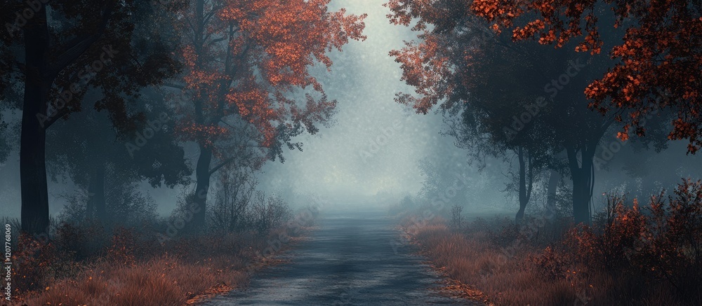 Poster misty autumn road tiled background with vibrant foliage and ample copy space for text and design int