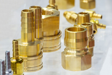 Close up scene the set of quick release brass pipe connector parts for mold and die industry.
