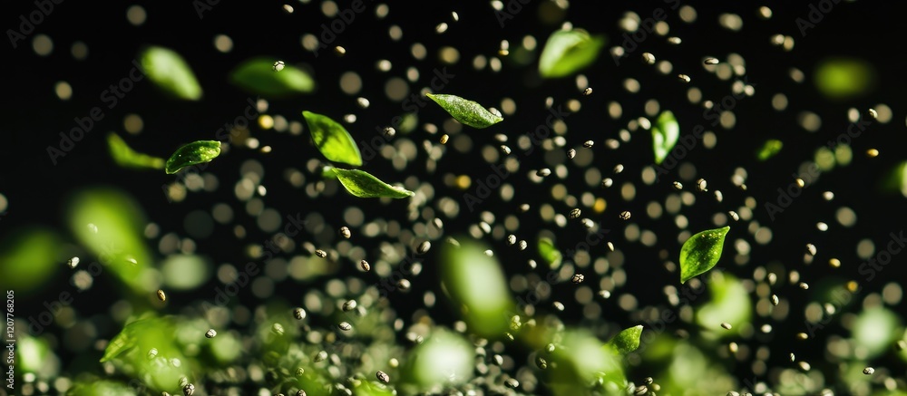 Poster green chia seeds cascading in slow motion against a black background with blurry elements and ample 