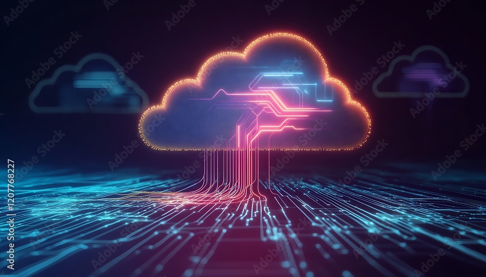 Poster abstract cloud computing concept with glowing lines and data flowing through a cloud and digital dat