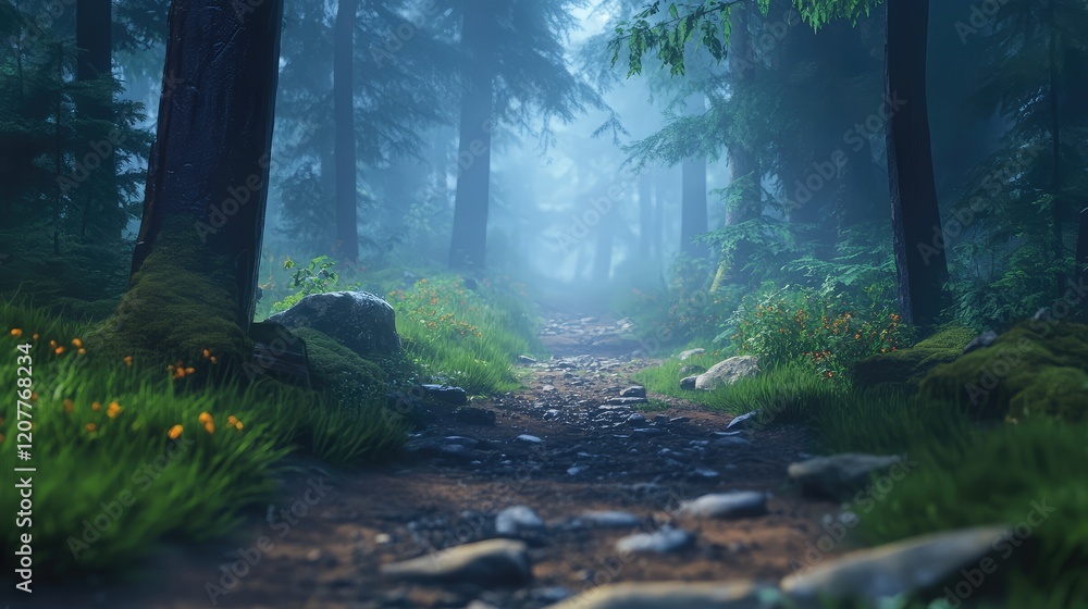 Poster enigmatic misty forest path with lush greenery and soft light in a serene natural setting