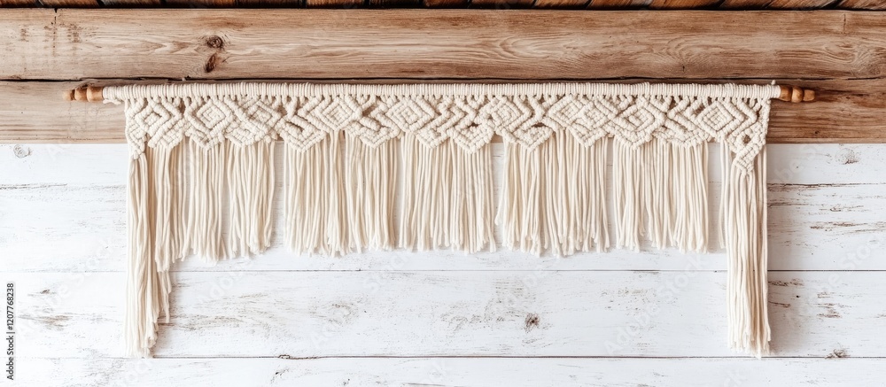 Poster handmade macrame cream curtain tassel design on wooden ceiling with blank space for custom text or b