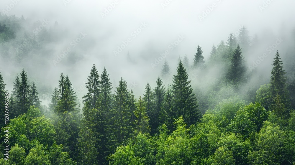 Poster lush green rainforest with misty shrouded fir trees creating a mysterious atmosphere in a tranquil n