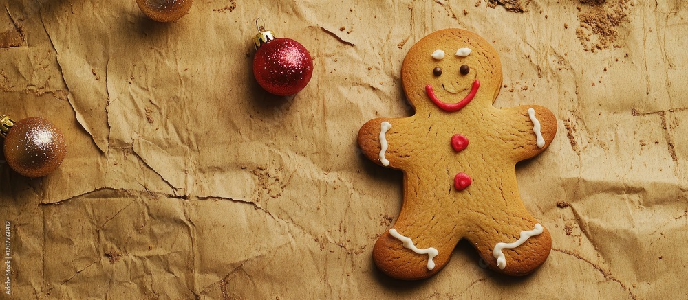 Aufkleber gingerbread man cookie with festive decorations on rustic brown paper background with red and gold o